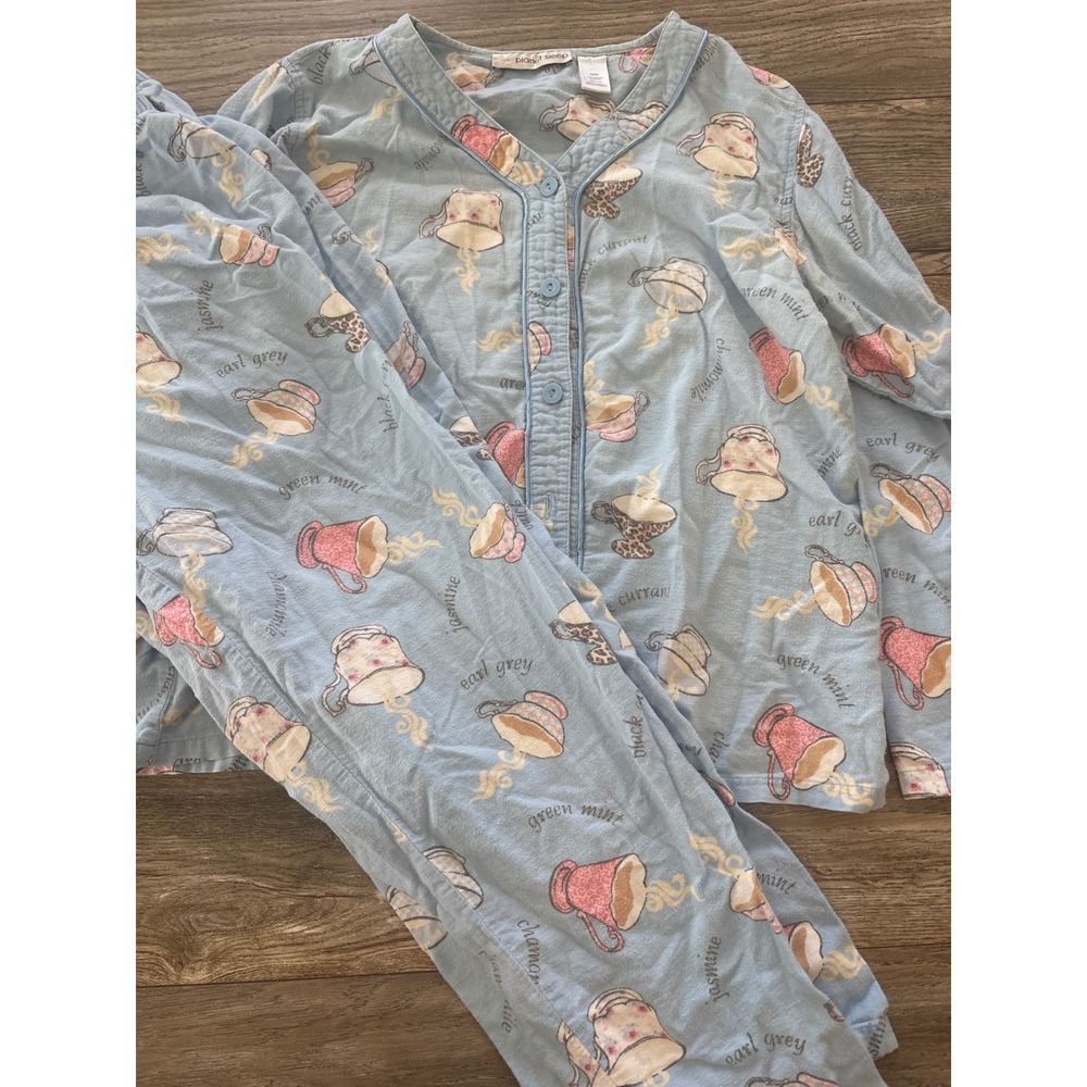 Planet Sleep Womens Blue Cotton Flannel Tea Cup Pajama Set Size Medium